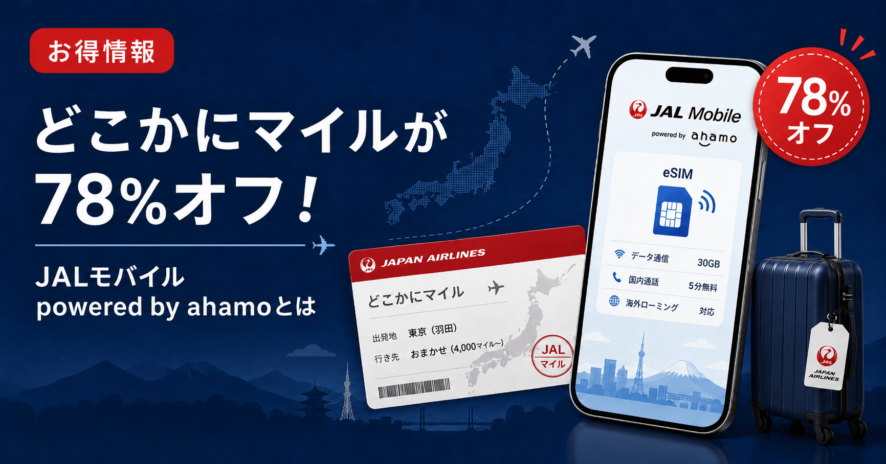 どこかにマイルが78%オフ！JALモバイル powered by ahamoとは